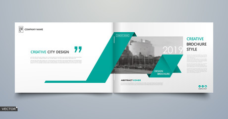 Info card style. White a4 brochure cover design. Fancy banner board. Title sheet model set. Modern vector front page art. City houses texture. Green frame, line form, brand logo icon. Ad flyer text