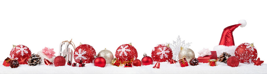 panoramic christmas ornaments in the snow isolated on white background