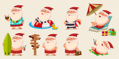 summer santa claus in shorts on beach vector set. cute cartoon character for christmas design isolat