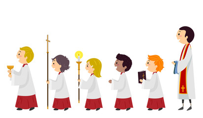 Poster - Stickman Kids Altar Boys Line Priest Illustration