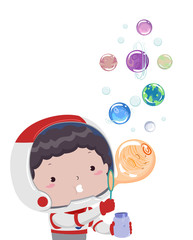 Sticker - Kid Boy Astronaut Bubbles Planet Illustration