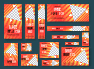 Poster - Set of vector web banners with yellow gradient, triangular design elements and place for photo.