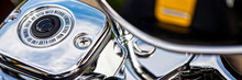 A Panoramic Photo Of Fragment Of A Motorcycle And Its Chromed Elements