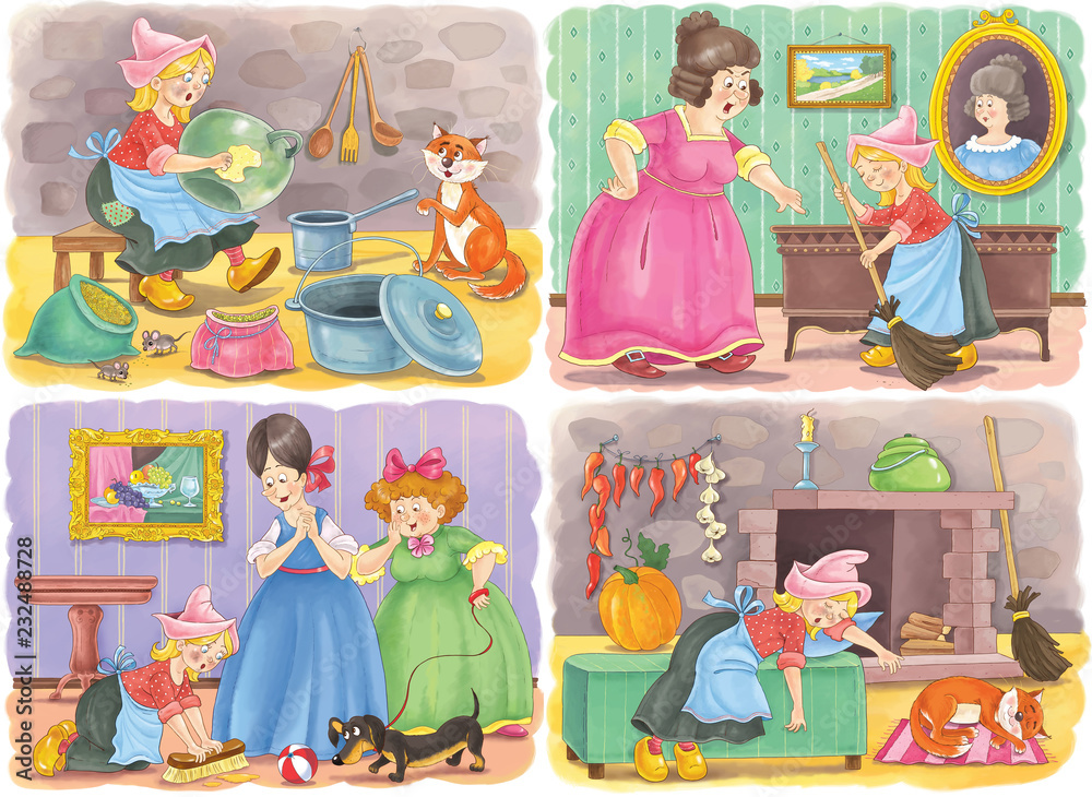 Prince trying the glass slipper on Cinderella's foot with perfect fit