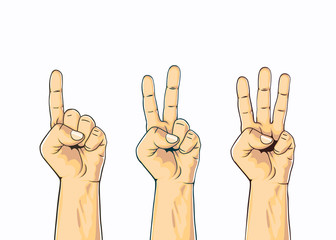 Set of counting one two three hand sign.