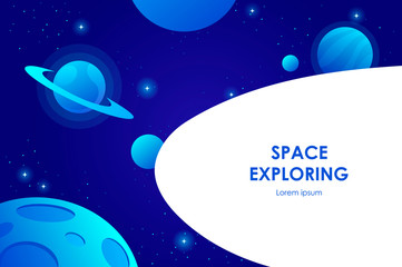 Wall Mural - blue horizontal space background with abstract shape and planets. cover template, banner, presentati