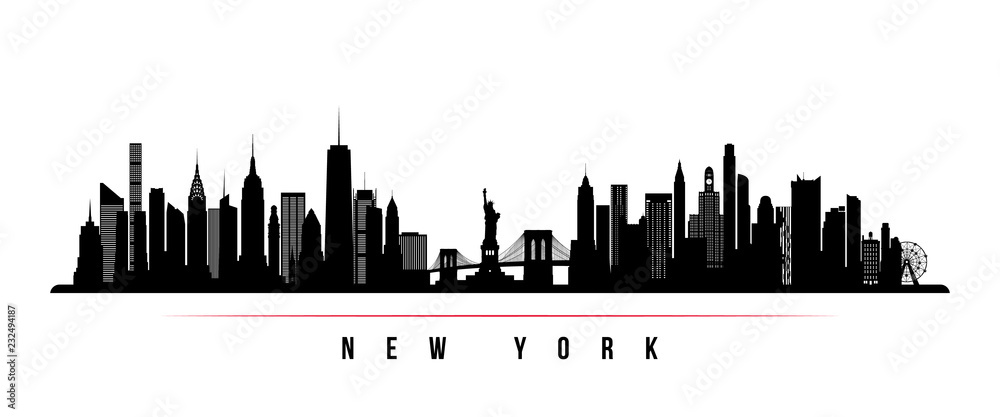 New York city skyline horizontal banner. Black and white silhouette of New York city, USA. Vector template for your design. - obrazy, fototapety, plakaty 
