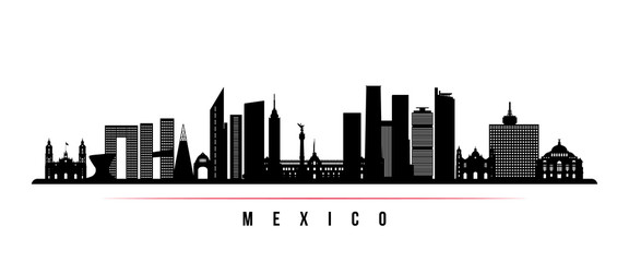Mexico city skyline horizontal banner. Black and white silhouette of Mexico city. Vector template for your design.
