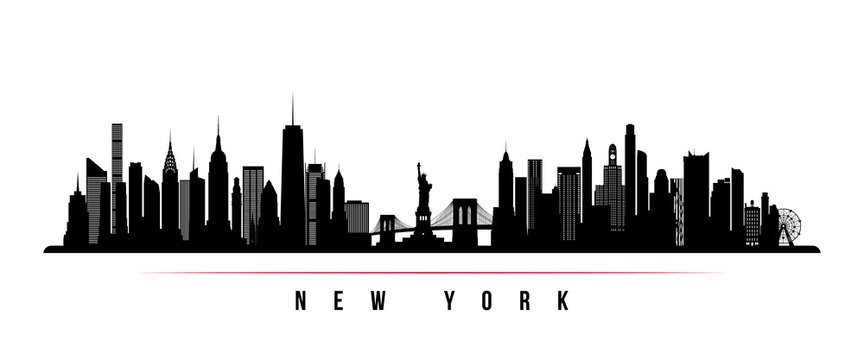 new york city skyline horizontal banner. black and white silhouette of new york city, usa. vector te