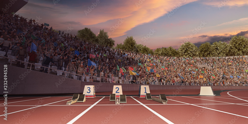 Running track. 3D illustration. Professional athletics stadium. Starting line with starting block  - obrazy, fototapety, plakaty 