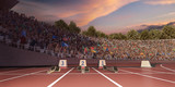 Fototapeta  - Running track. 3D illustration. Professional athletics stadium. Starting line with starting block 