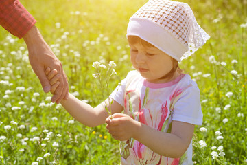 the parent holds the hand of a small child