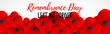 Remembrance Day web header. Lest We forget caslligraphy. Poppy flowerf peace. Memorial banner, card.