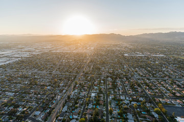 Aerial view towards Lassen St and Winnetka Ave in the Chatsworth neighborhood in the San Fernando Valley region of Los Angeles, California.