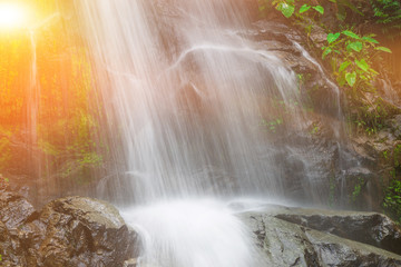 Wall Mural - Waterfall in forest and sunlight of sunset at National Park