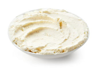 Fresh cream cheese in white bowl