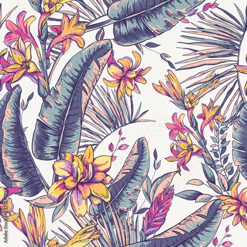 Stoffe zum Nähen Vector seamless pattern of tropical leaves, Exotic natura backgr
