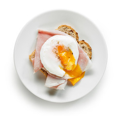 plate of sandwich with poached egg