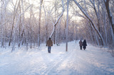 Fototapeta Miasto - People walking in the snowy city park