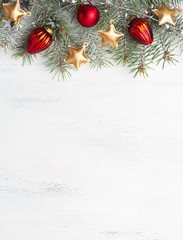 Wall Mural - Christmas decoration on old wooden shabby background. Flat lay.