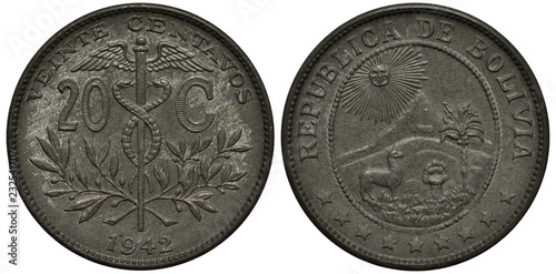 Fotografia Bolivia Bolivian coin 20 twenty centavos 1942, caduceus divides denomination, ol