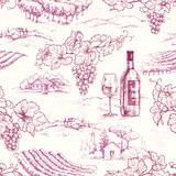 Seamless Pattern with Grape Branches and Vineyards