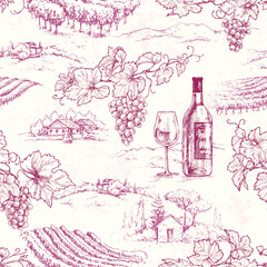 Wall Mural - Seamless Pattern with Grape Branches and Vineyards