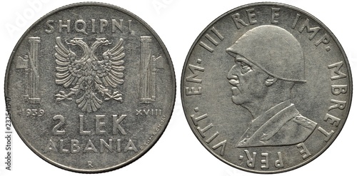 Fotografia Albania Albanian coin 2 two lek 1939, Italian occupation, bust of King Vittorio