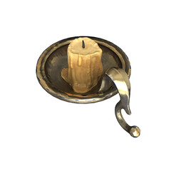 Candle burning old candle vintage bronze Silver candlestick. Isolated On White Background.3D illustration