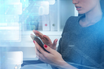 Poster - Woman with phone in office, binary numbers