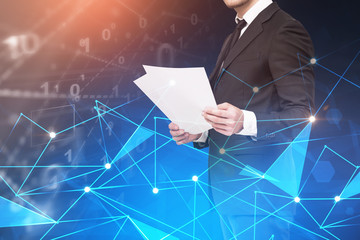 Poster - Man with papers, digital interface, network