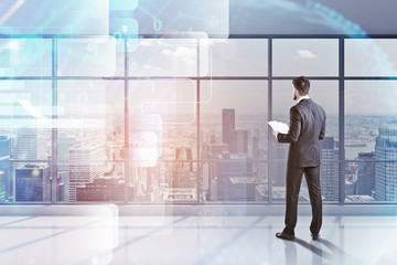 Poster - Man with papers in office, digital interface