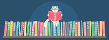 Bookshelf With Sitting Hand Drawn Fantasy White Cat Reading Book. 