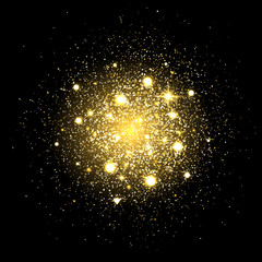 Wall Mural - glitter particles background. gold glitter powder explosion. star dust on black backdrop. golden par