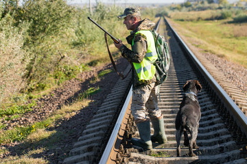 Hunters with a german drathaar and spaniel, pigeon hunting with dogs in reflective vests	