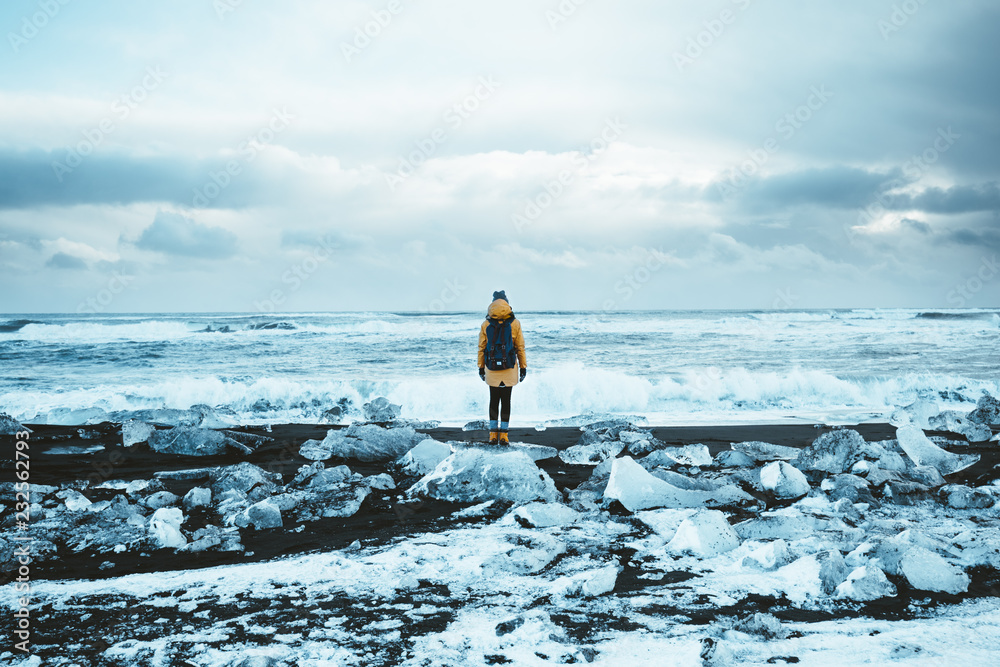 Girl on Diamond Beach in Iceland - obrazy, fototapety, plakaty 