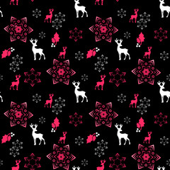 Sticker - Seamless Christmas deers and snowflakes pattern black