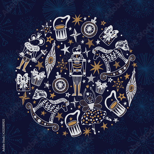 Download Nutcracker. Gold Christmas vector card. Around motif ...