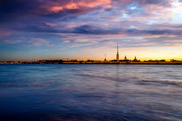 Wall Mural - Beautiful city night landscape, white nights in St. Petersburg, view of the Neva and Peter and Paul Fortress