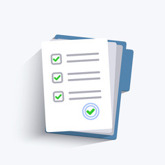 Paper checklist isolated. Stack of paperwork icon. Pile of documents. Exam form. Folder and stack of white papers. Vector illustration in flat design.