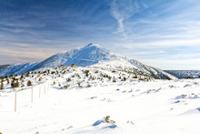 The Peak Of The Snezka Mountain In The Krkonose Mountains During Winter. Poland.
