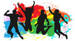 © nosyrevy - Youth in a jump colored. Cheerful man and woman isolated. Jumping friends colorful background. Vector silhouette