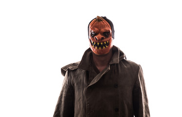 Wall Mural - evil man in a scary mask on white background