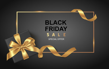 Wall Mural - Black friday sale design template. Decorative black gift box with golden bow and long ribbon. Vector illustration