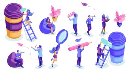 Aufkleber - Isometric set of people in motion, work, write analyze. Isolated characters on a white background. Emotional hero
