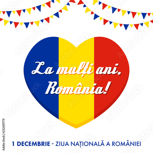 Colorful Greeting Card Illustration With Romanian Flag In Heart Shape And Decorations For National Holiday Of Romania Great Union Day Or Unification Day Buy This Stock Vector And Explore Similar Vectors