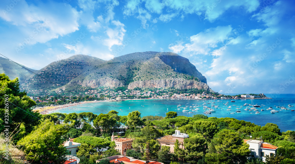 View of the gulf of Mondello and Monte Pellegrino, Palermo, Sicily island, Italy - obrazy, fototapety, plakaty 