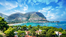View Of The Gulf Of Mondello And Monte Pellegrino, Palermo, Sicily Island, Italy
