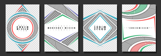 Wall Mural - Vector set of book Covers, 4 grey unusual layouts of brochure with copy space for advertising text, mock up with light backdrop for promotion, A4 format cover, leaflets with copyspace for name company