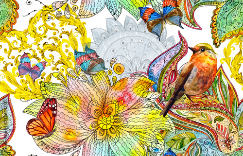 Dekoracja na wymiar  abstrakcyjny-wzor-z-fantazyjnych-kwiatow-i-ptakow-malarstwo-akwarelowe